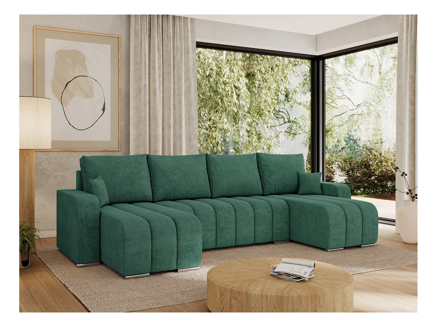 Ecksofa KIRASSO U - Wohnlandschaft, Schlaffunktion und Bettkasten, Couch U-form, lose Kissen - Grün Strukture