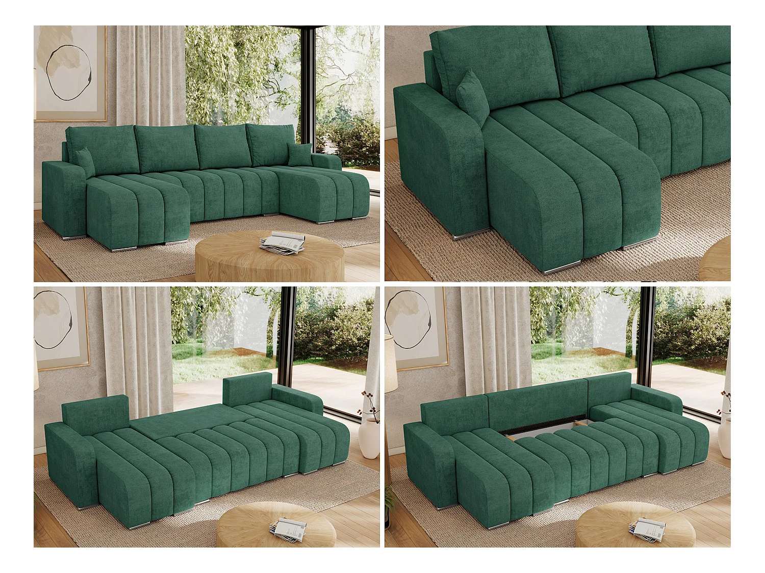 Ecksofa KIRASSO U - Wohnlandschaft, Schlaffunktion und Bettkasten, Couch U-form, lose Kissen - Grün Strukture