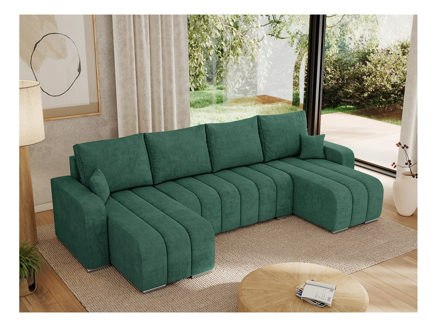 Ecksofa KIRASSO U - Wohnlandschaft, Schlaffunktion und Bettkasten, Couch U-form, lose Kissen - Grün Strukture