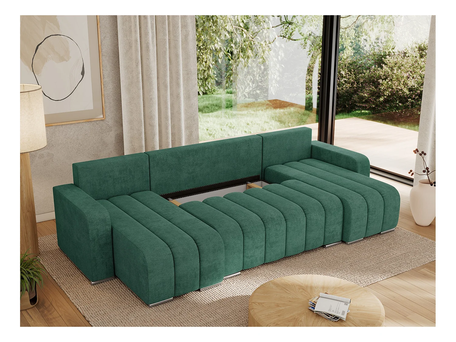 Ecksofa KIRASSO U - Wohnlandschaft, Schlaffunktion und Bettkasten, Couch U-form, lose Kissen - Grün Strukture