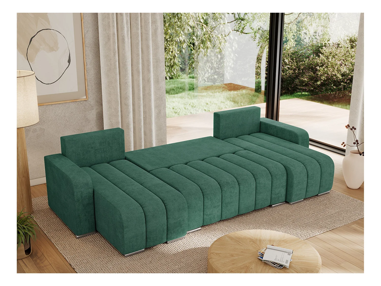 Ecksofa KIRASSO U - Wohnlandschaft, Schlaffunktion und Bettkasten, Couch U-form, lose Kissen - Grün Strukture