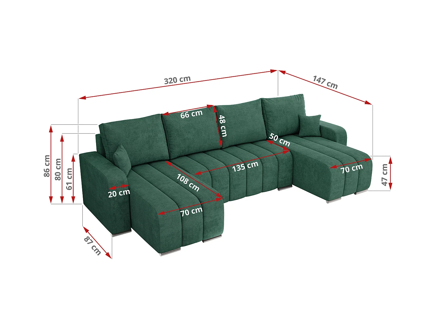 Ecksofa KIRASSO U - Wohnlandschaft, Schlaffunktion und Bettkasten, Couch U-form, lose Kissen - Grün Strukture