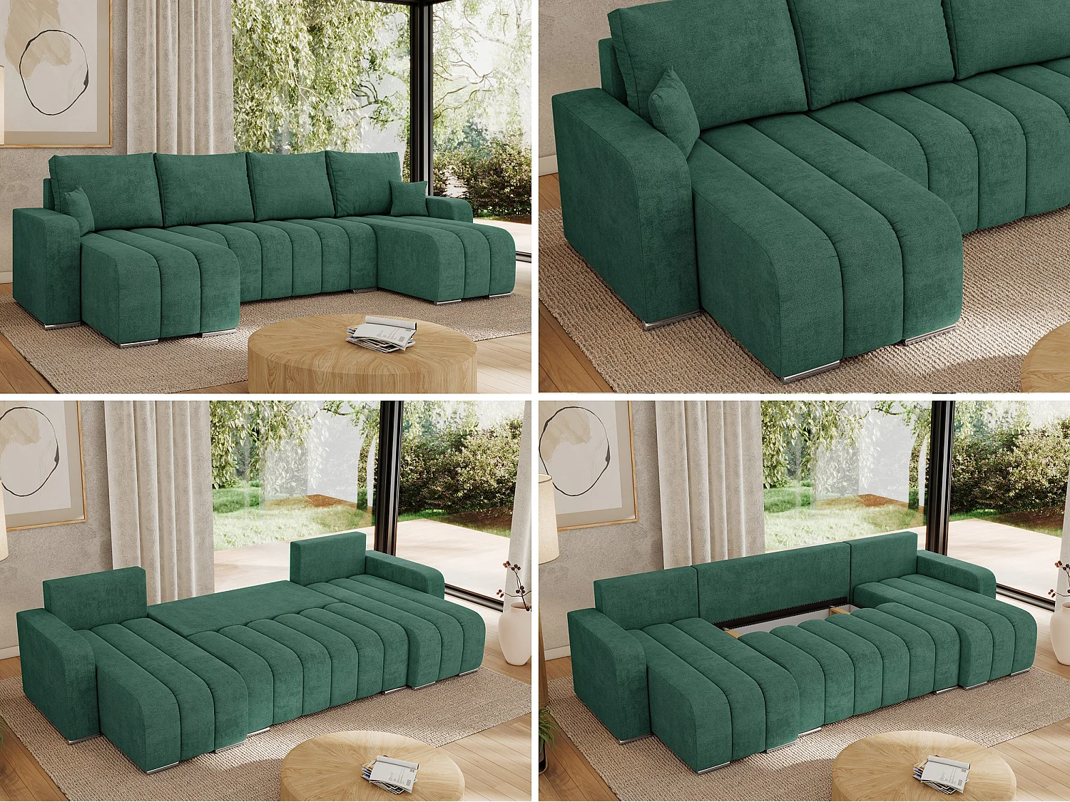 Ecksofa KIRASSO U - Wohnlandschaft, Schlaffunktion und Bettkasten, Couch U-form, lose Kissen - Grün Strukture