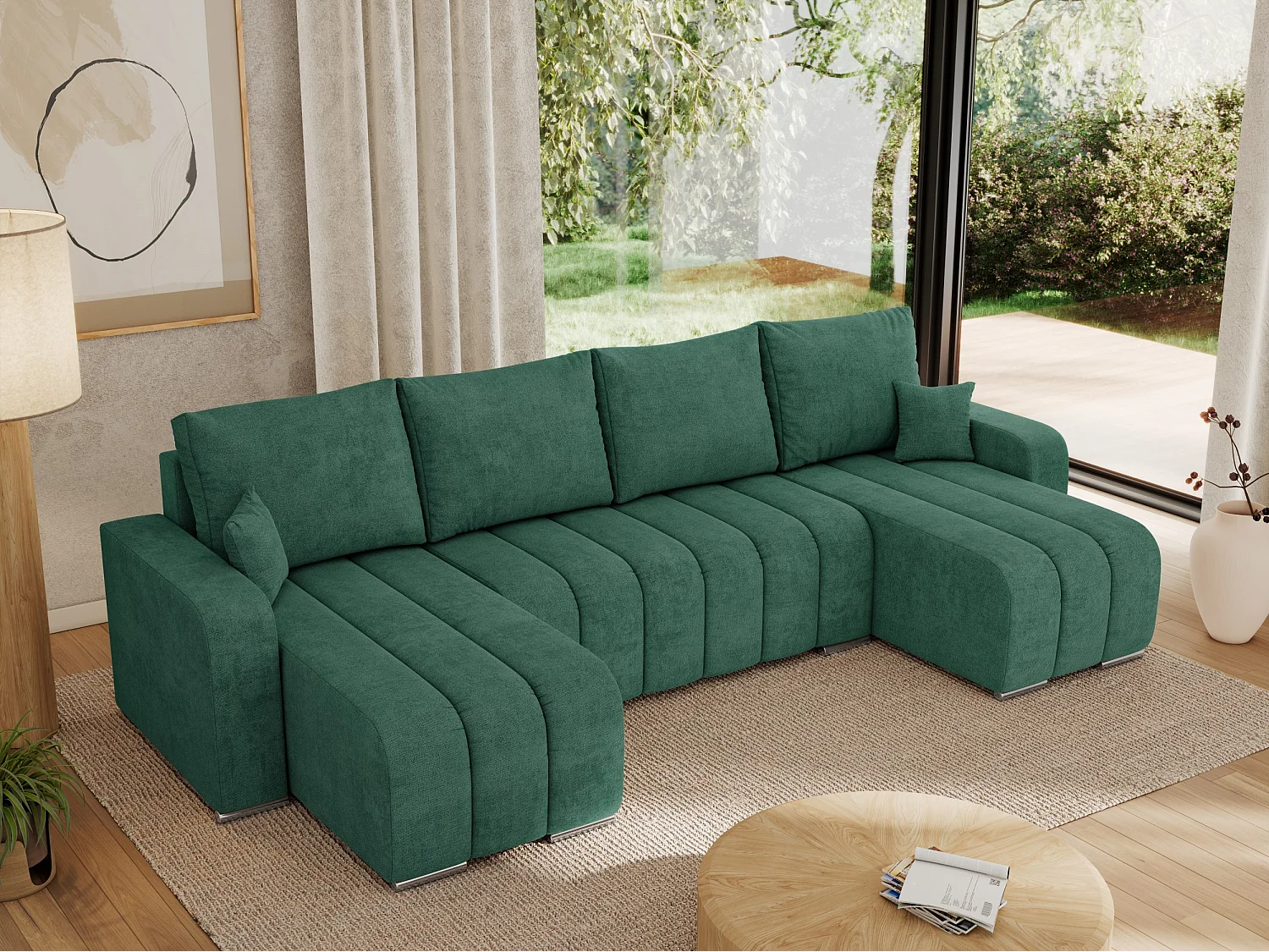 Ecksofa KIRASSO U - Wohnlandschaft, Schlaffunktion und Bettkasten, Couch U-form, lose Kissen - Grün Strukture