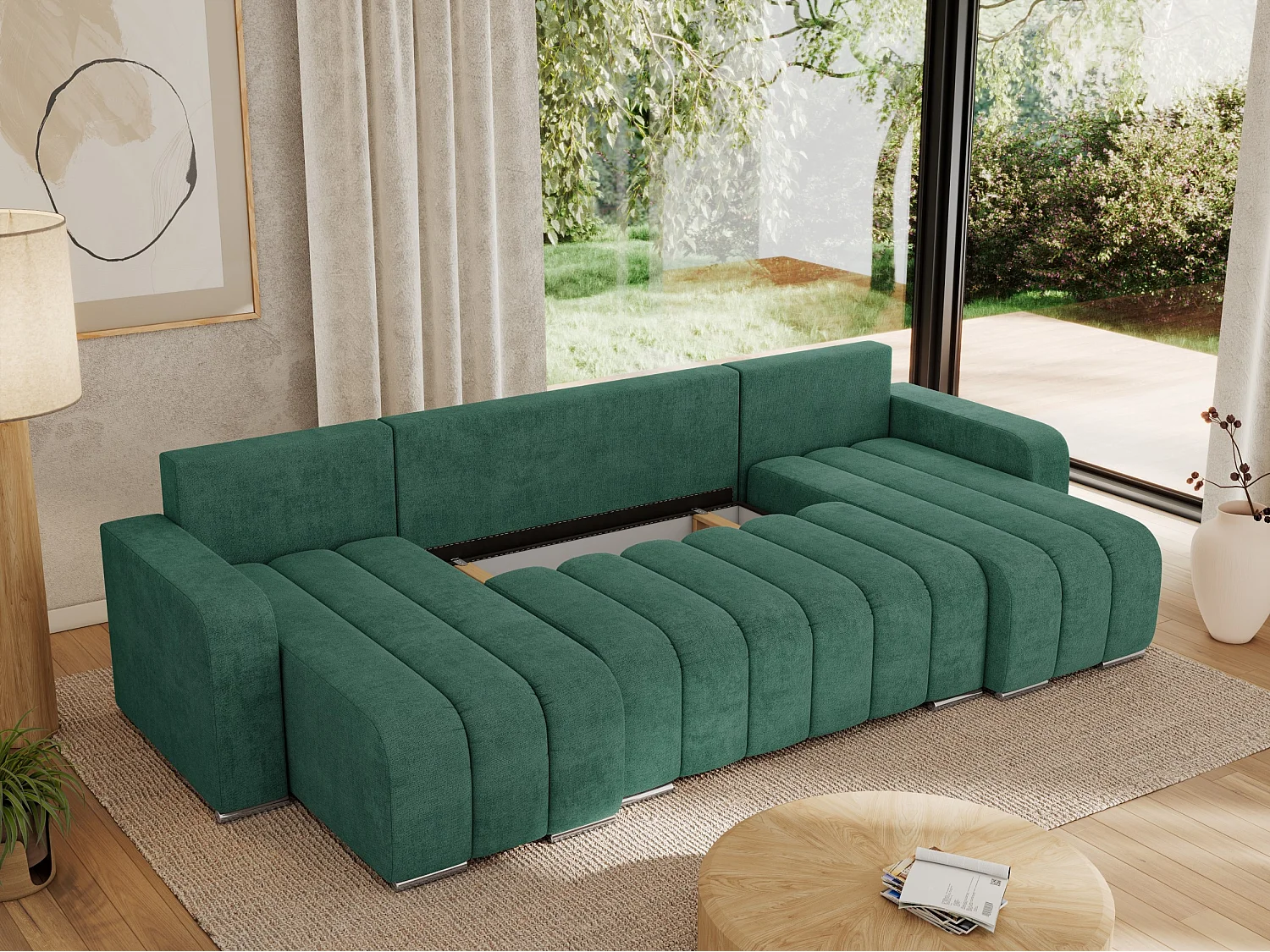 Ecksofa KIRASSO U - Wohnlandschaft, Schlaffunktion und Bettkasten, Couch U-form, lose Kissen - Grün Strukture