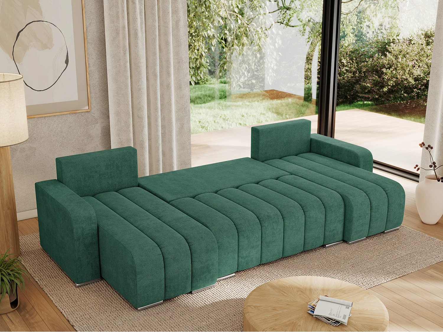 Ecksofa KIRASSO U - Wohnlandschaft, Schlaffunktion und Bettkasten, Couch U-form, lose Kissen - Grün Strukture