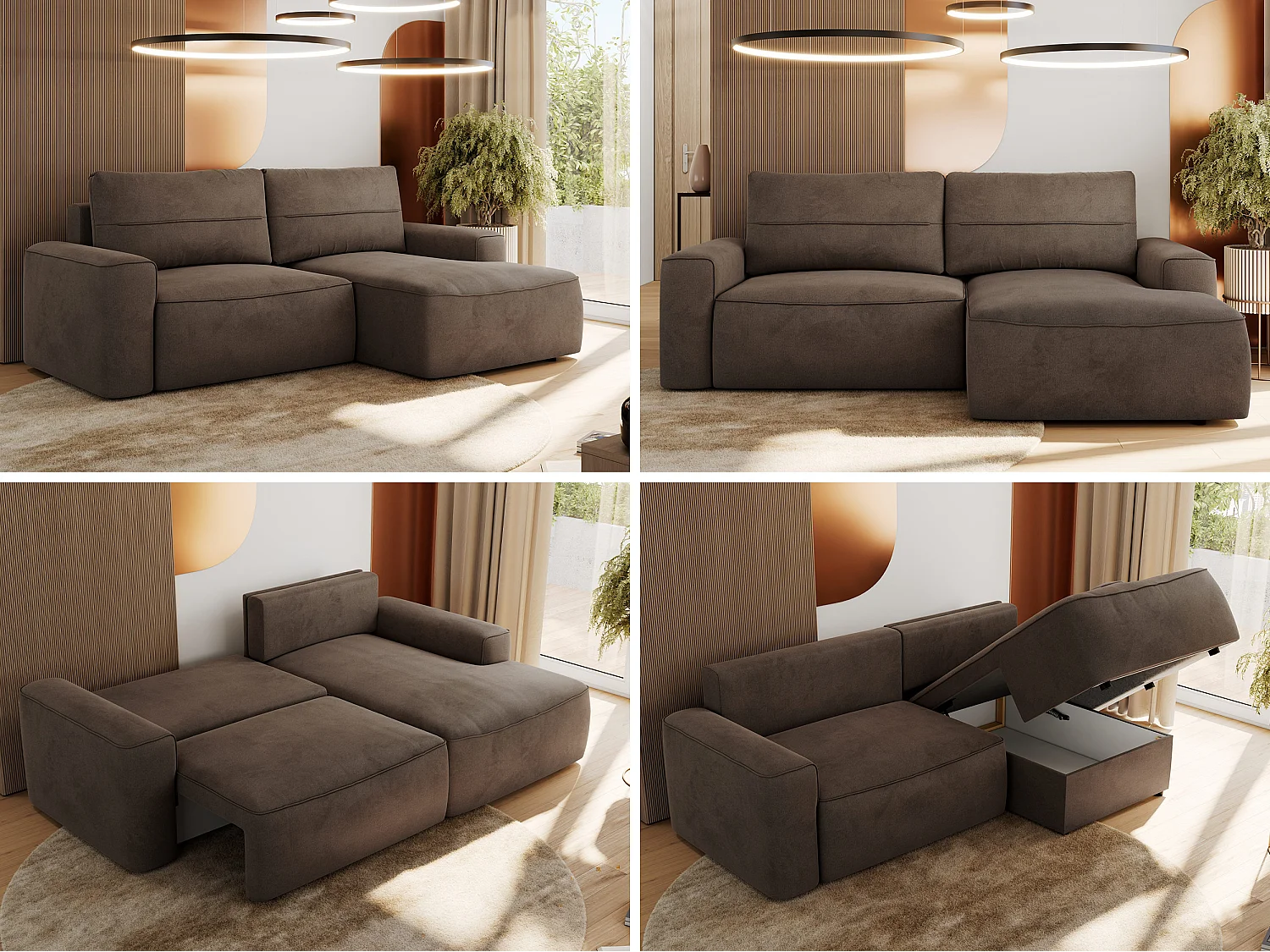 Ecksofa BELLUNO - Schlafsofa mit Bettkasten, Armlehnen, Couch L-form mit Schlaffunktion - Braun Velvet - Ecke Rechts