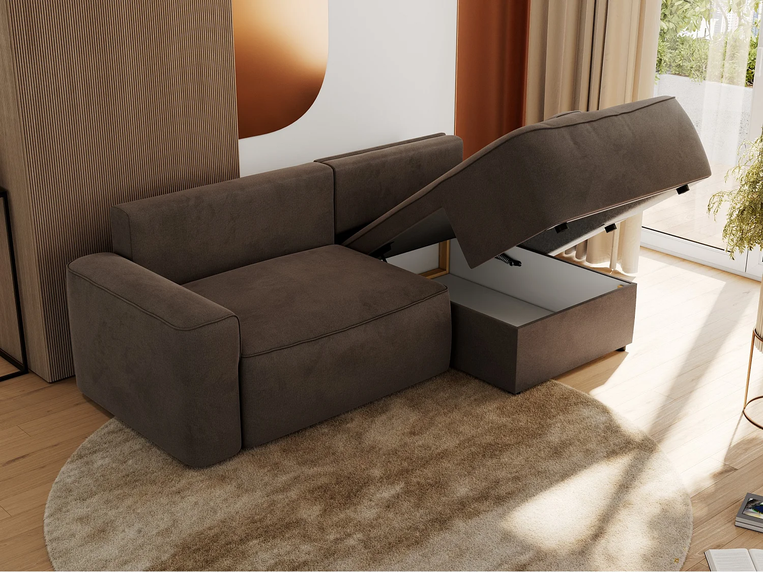 Ecksofa BELLUNO - Schlafsofa mit Bettkasten, Armlehnen, Couch L-form mit Schlaffunktion - Braun Velvet - Ecke Rechts