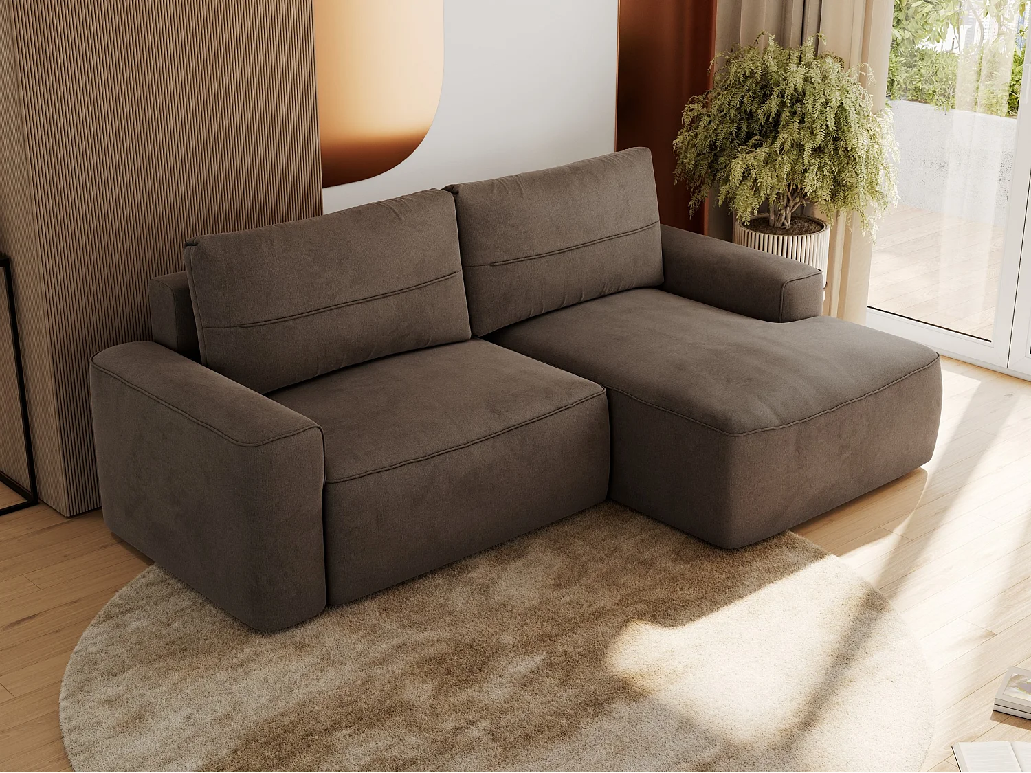 Ecksofa BELLUNO - Schlafsofa mit Bettkasten, Armlehnen, Couch L-form mit Schlaffunktion - Braun Velvet - Ecke Rechts