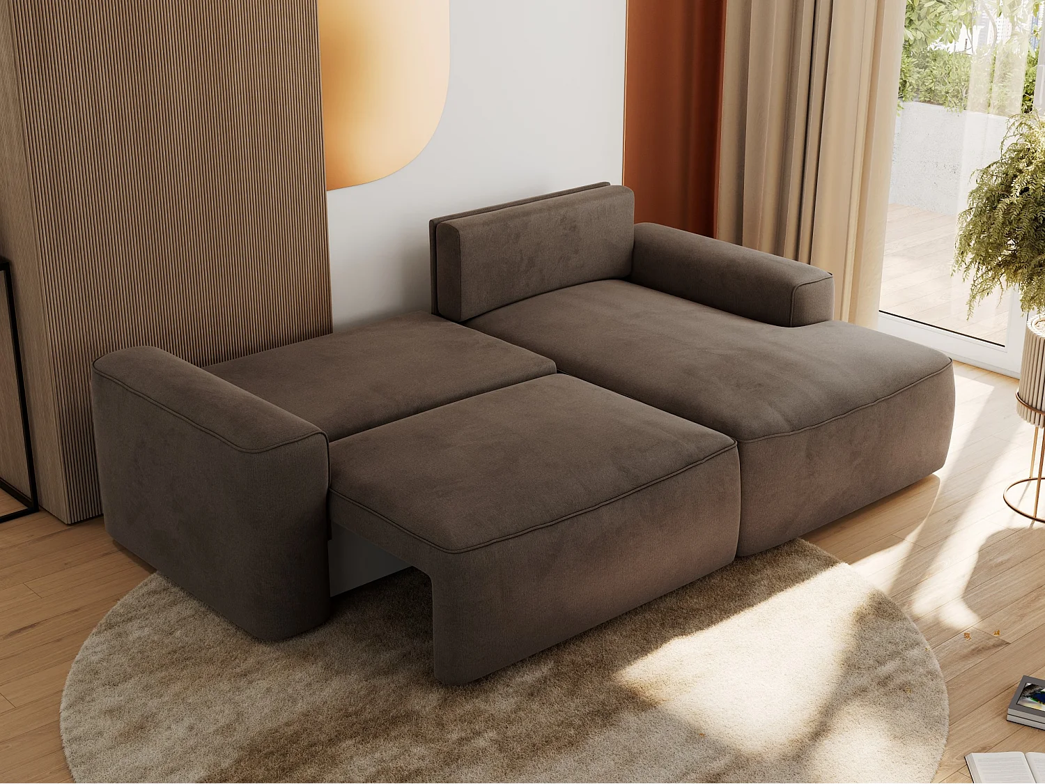Ecksofa BELLUNO - Schlafsofa mit Bettkasten, Armlehnen, Couch L-form mit Schlaffunktion - Braun Velvet - Ecke Rechts