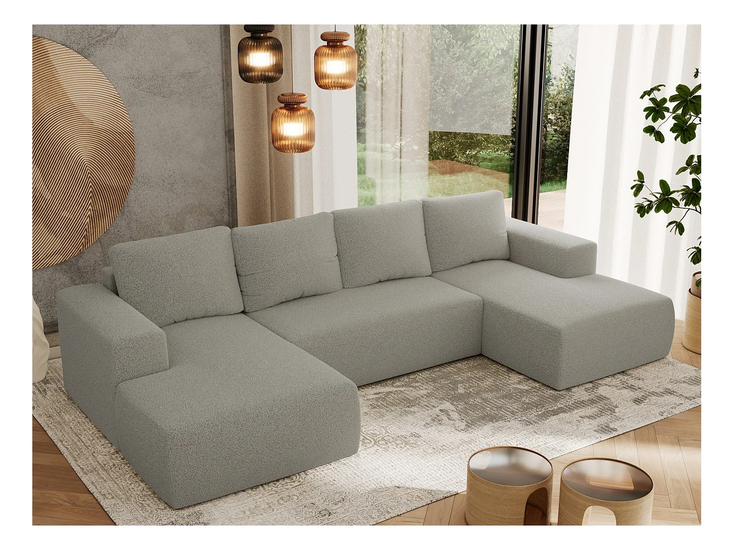 Ecksofa TRENTINO U - mit Schlaffunktion und Bettkasten, U-förmiges Wohnlandschaft, Armlehnen - Hellgrau Boucle