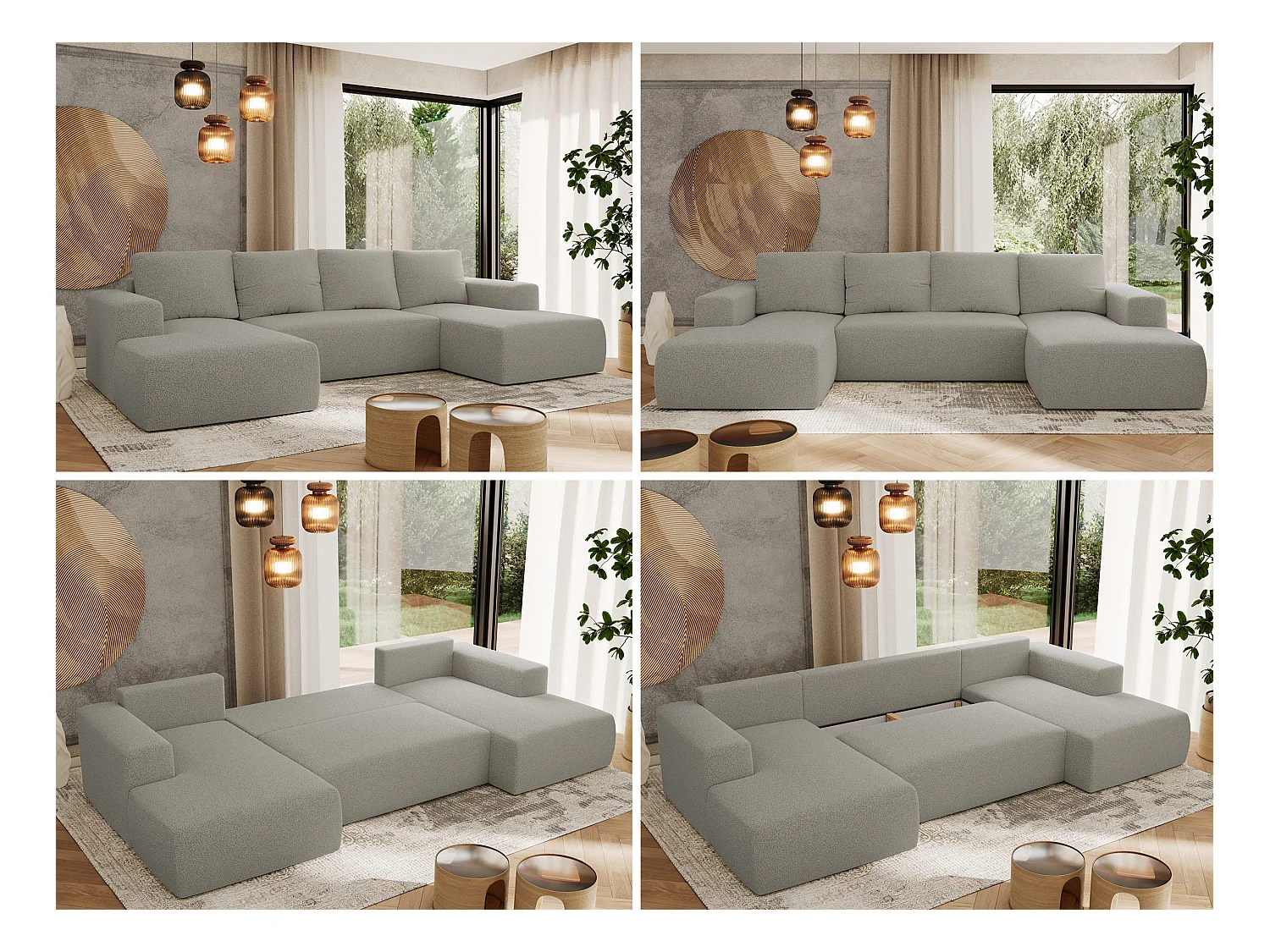 Ecksofa TRENTINO U - mit Schlaffunktion und Bettkasten, U-förmiges Wohnlandschaft, Armlehnen - Hellgrau Boucle