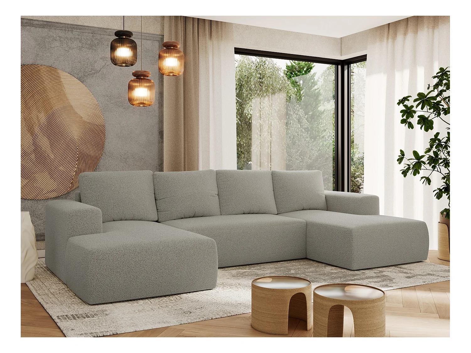 Ecksofa TRENTINO U - mit Schlaffunktion und Bettkasten, U-förmiges Wohnlandschaft, Armlehnen - Hellgrau Boucle