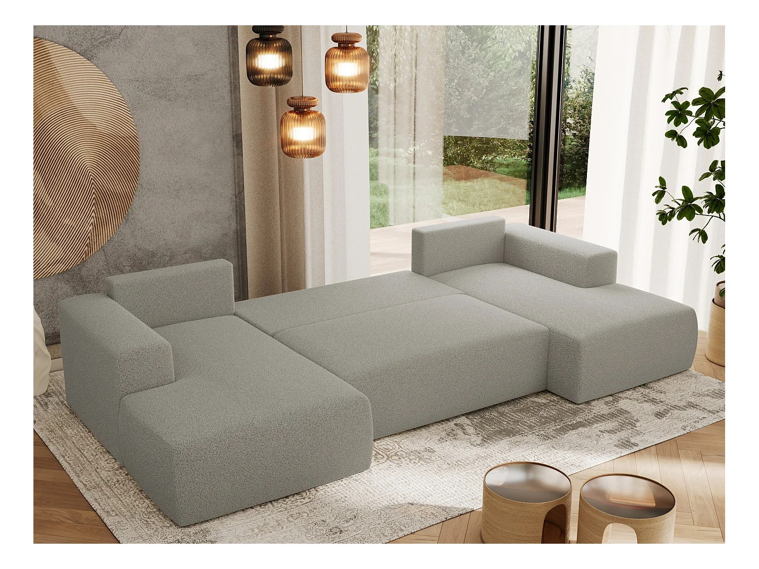 Ecksofa TRENTINO U - mit Schlaffunktion und Bettkasten, U-förmiges Wohnlandschaft, Armlehnen - Hellgrau Boucle