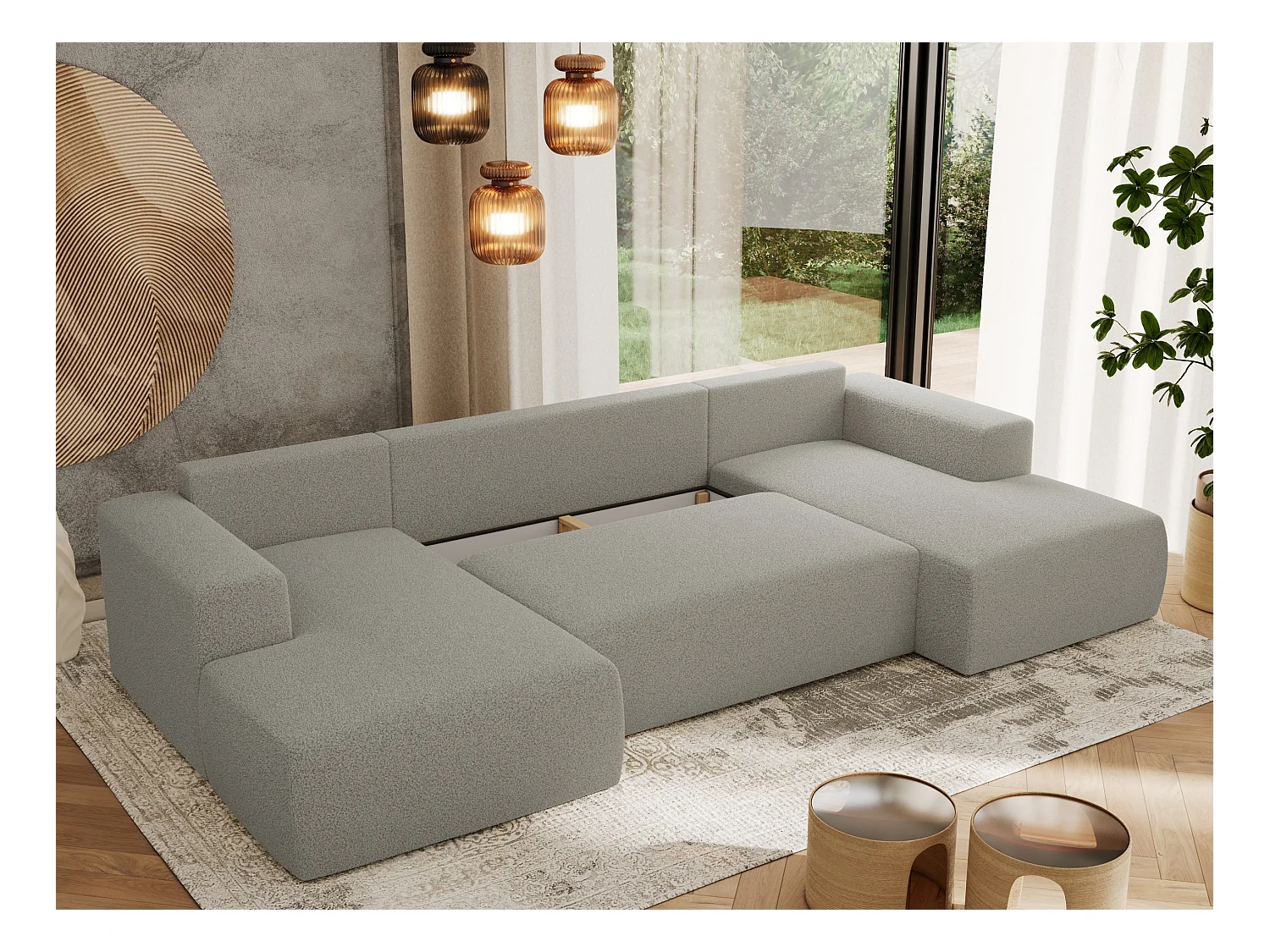 Ecksofa TRENTINO U - mit Schlaffunktion und Bettkasten, U-förmiges Wohnlandschaft, Armlehnen - Hellgrau Boucle