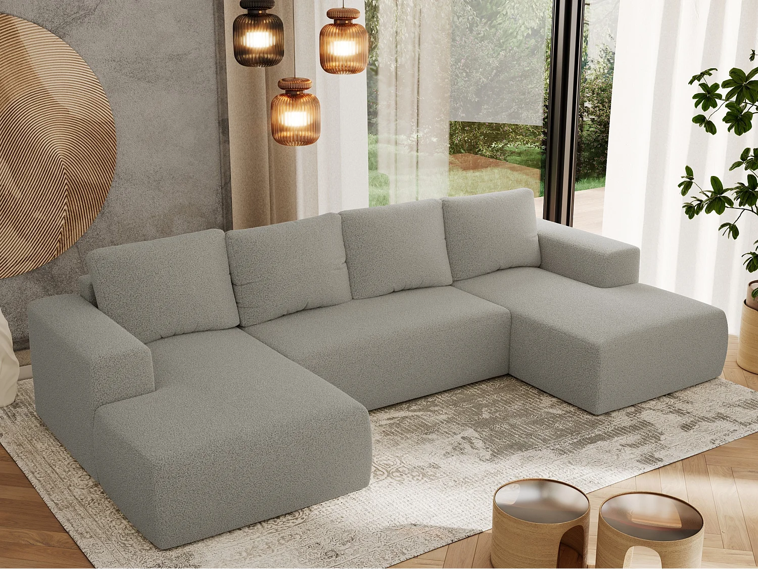 Ecksofa TRENTINO U - mit Schlaffunktion und Bettkasten, U-förmiges Wohnlandschaft, Armlehnen - Hellgrau Boucle