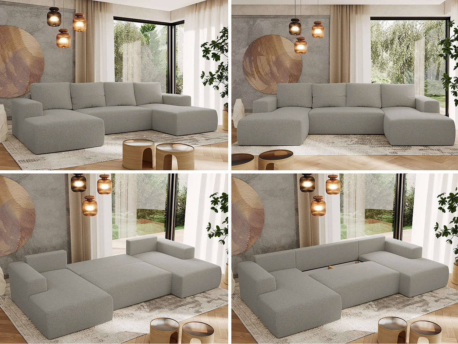 Ecksofa TRENTINO U - mit Schlaffunktion und Bettkasten, U-förmiges Wohnlandschaft, Armlehnen - Hellgrau Boucle