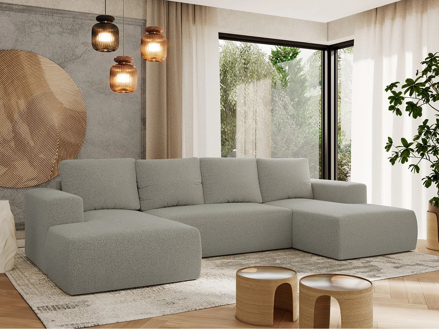 Ecksofa TRENTINO U - mit Schlaffunktion und Bettkasten, U-förmiges Wohnlandschaft, Armlehnen - Hellgrau Boucle