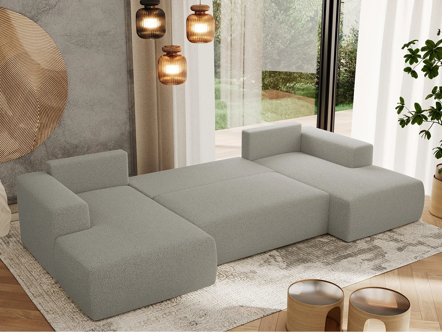 Ecksofa TRENTINO U - mit Schlaffunktion und Bettkasten, U-förmiges Wohnlandschaft, Armlehnen - Hellgrau Boucle