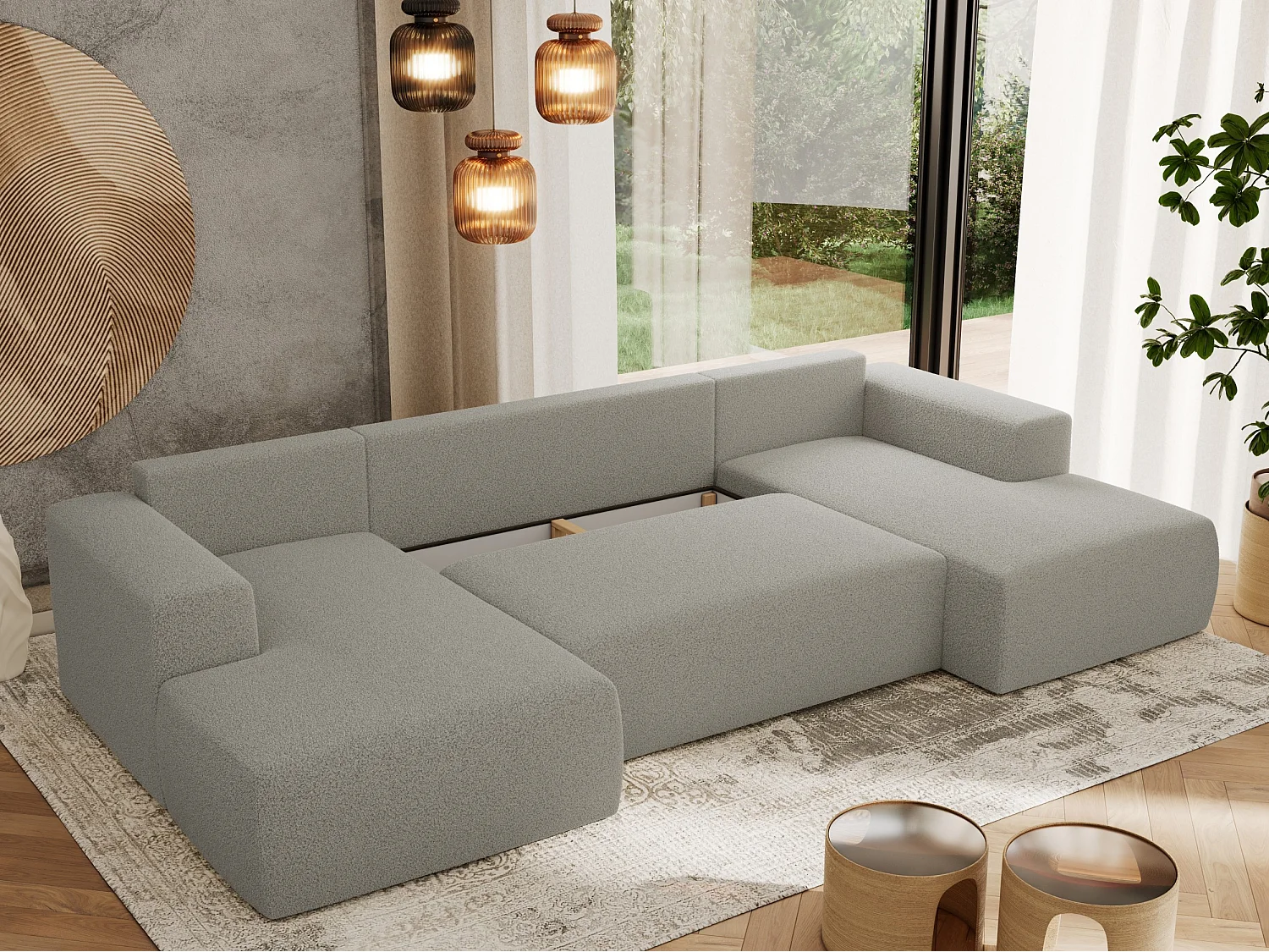 Ecksofa TRENTINO U - mit Schlaffunktion und Bettkasten, U-förmiges Wohnlandschaft, Armlehnen - Hellgrau Boucle