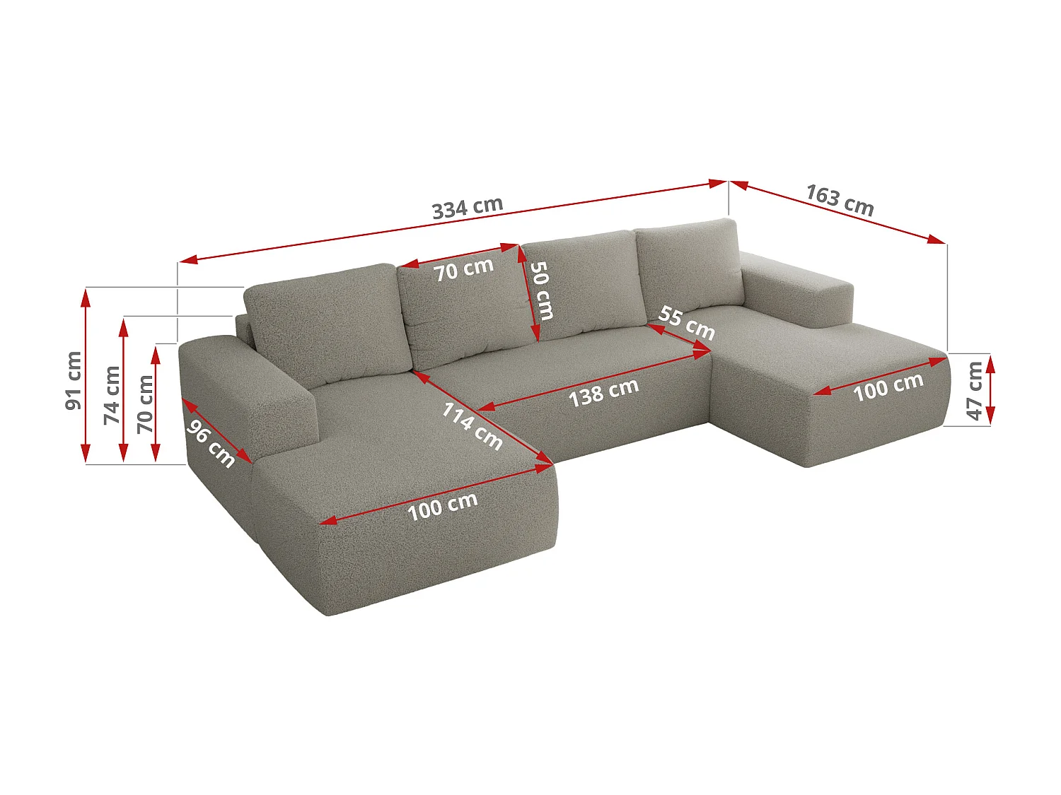 Ecksofa TRENTINO U - mit Schlaffunktion und Bettkasten, U-förmiges Wohnlandschaft, Armlehnen - Hellgrau Boucle