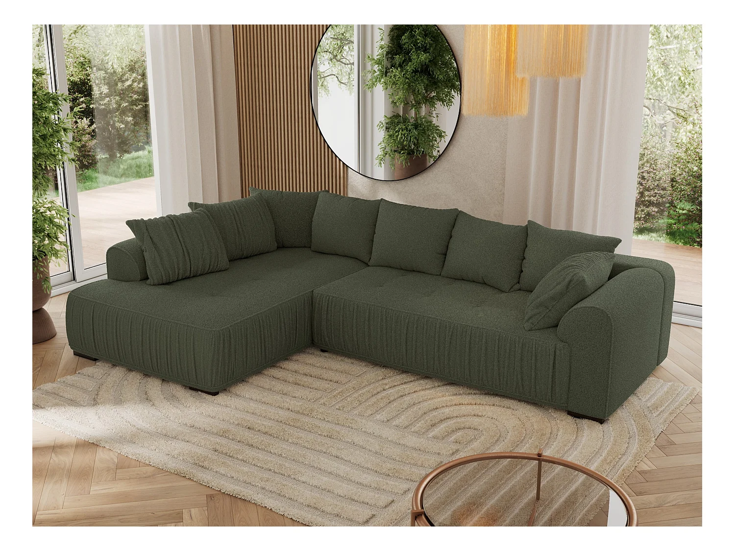 Ecksofa ORTA - Schlaffunktion und Bettkasten, lose Kissen, gesteppter Sitz, L-förmige Ecke - Grün Boucle - Ecke Links