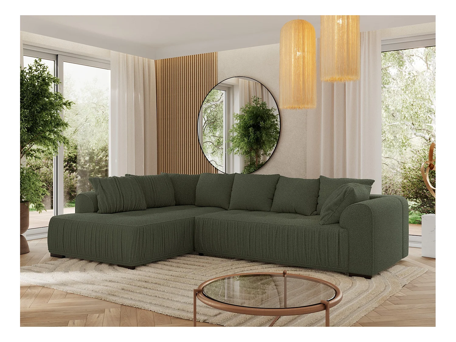 Ecksofa ORTA - Schlaffunktion und Bettkasten, lose Kissen, gesteppter Sitz, L-förmige Ecke - Grün Boucle - Ecke Links