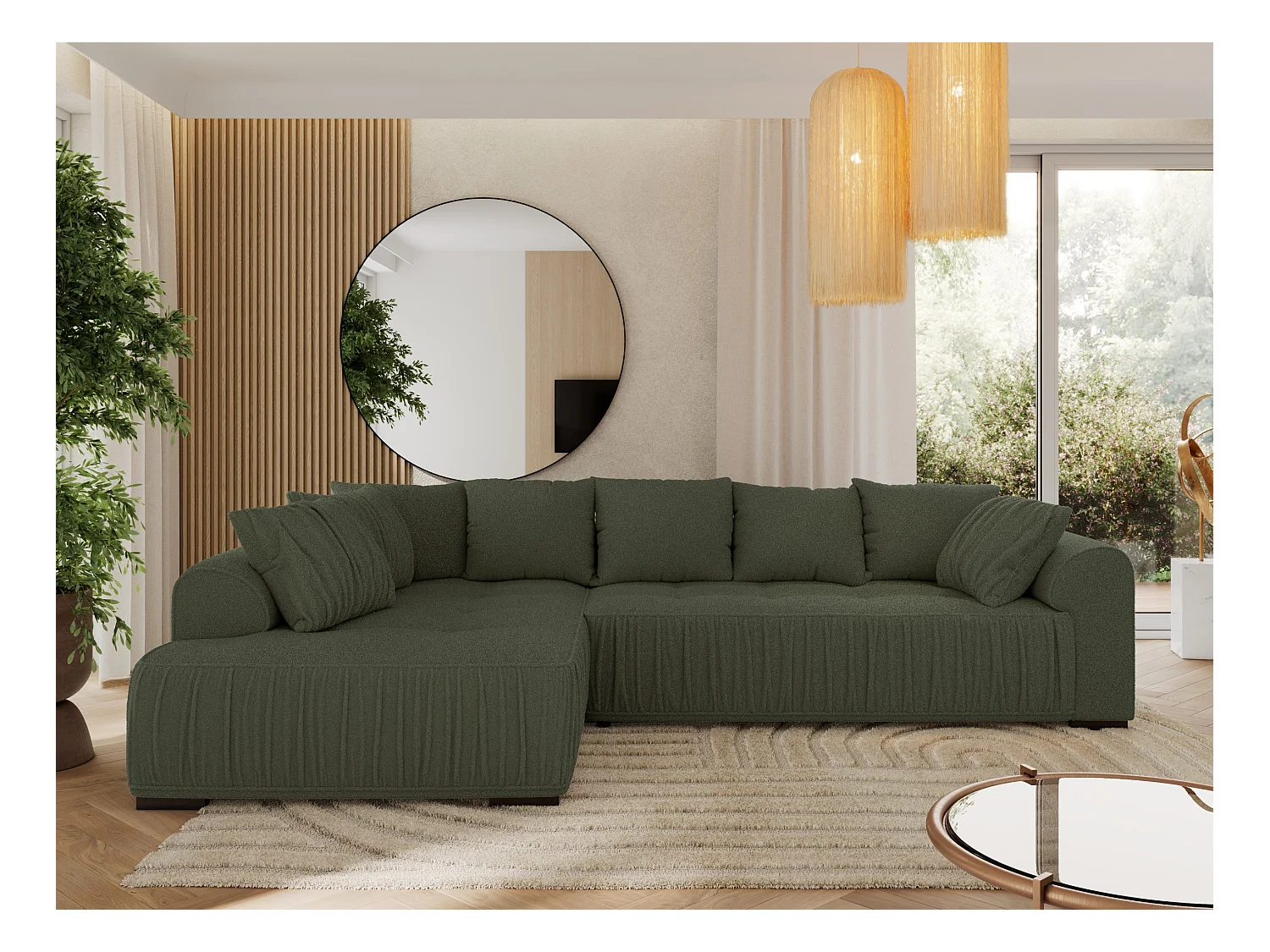 Ecksofa ORTA - Schlaffunktion und Bettkasten, lose Kissen, gesteppter Sitz, L-förmige Ecke - Grün Boucle - Ecke Links