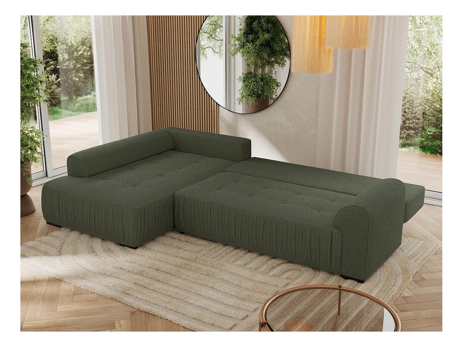 Ecksofa ORTA - Schlaffunktion und Bettkasten, lose Kissen, gesteppter Sitz, L-förmige Ecke - Grün Boucle - Ecke Links
