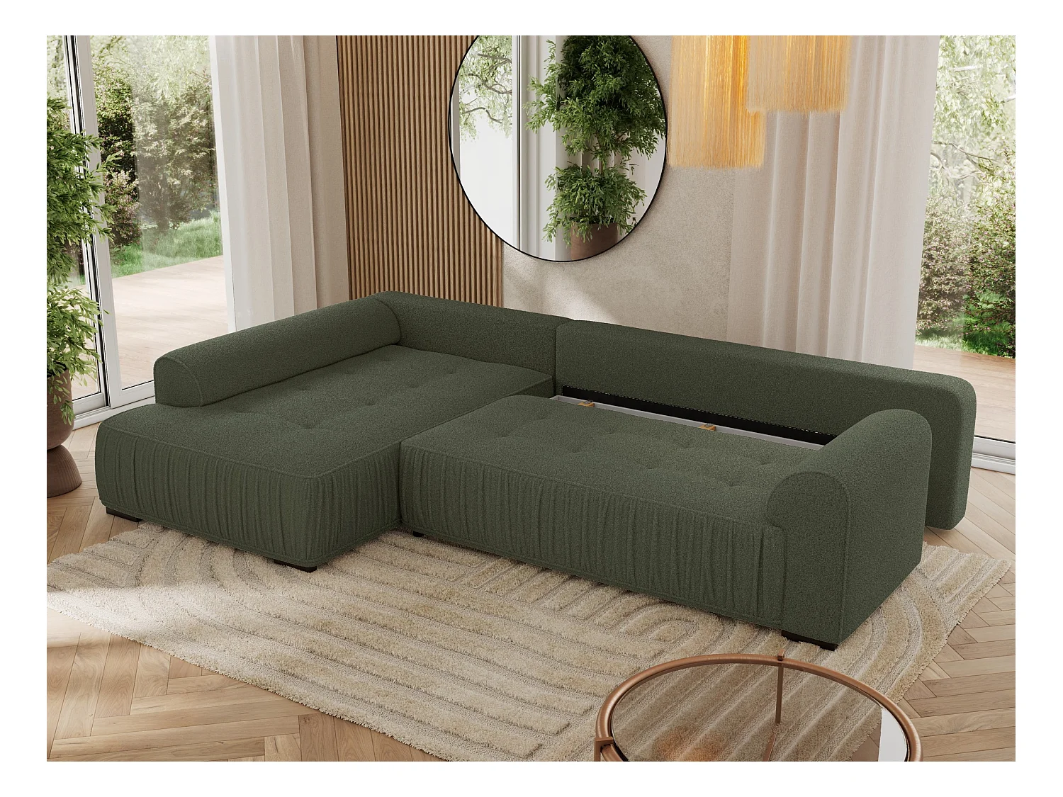Ecksofa ORTA - Schlaffunktion und Bettkasten, lose Kissen, gesteppter Sitz, L-förmige Ecke - Grün Boucle - Ecke Links