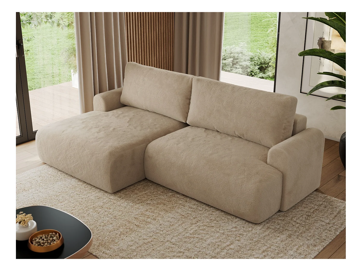 Ecksofa TONO - mit Schlaffunktion und Bettkasten, L-form Ecke, Armlehnen - Beige Plüsch - Ecke Links