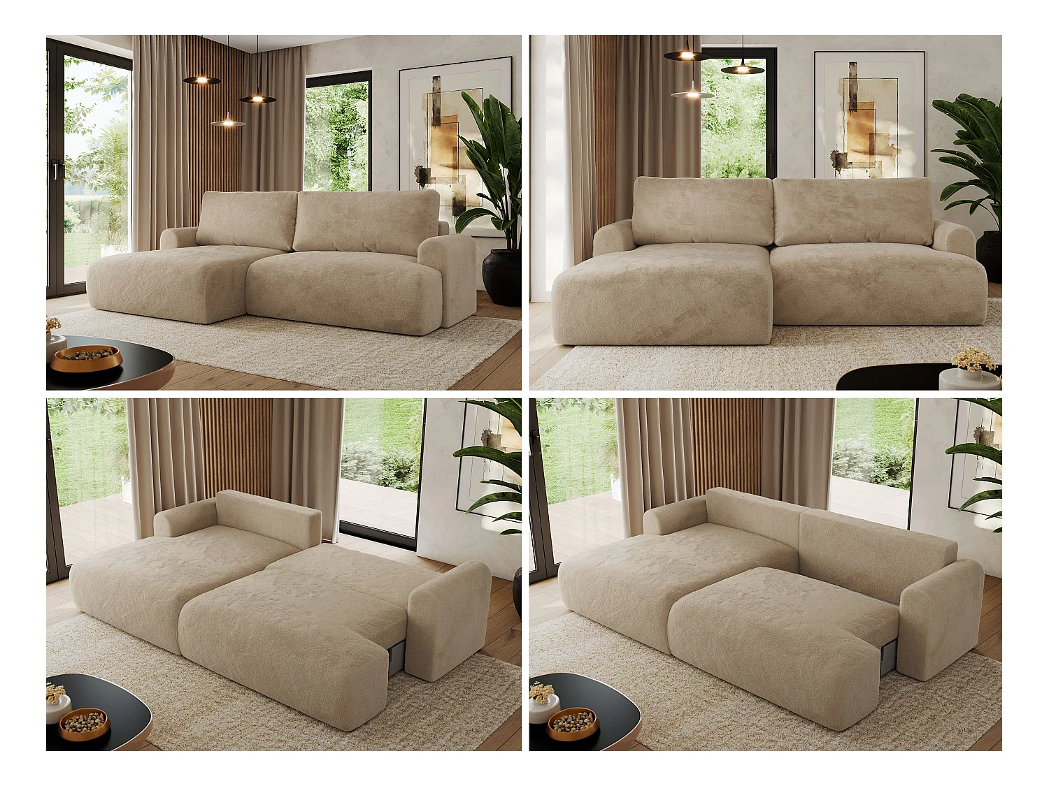 Ecksofa TONO - mit Schlaffunktion und Bettkasten, L-form Ecke, Armlehnen - Beige Plüsch - Ecke Links
