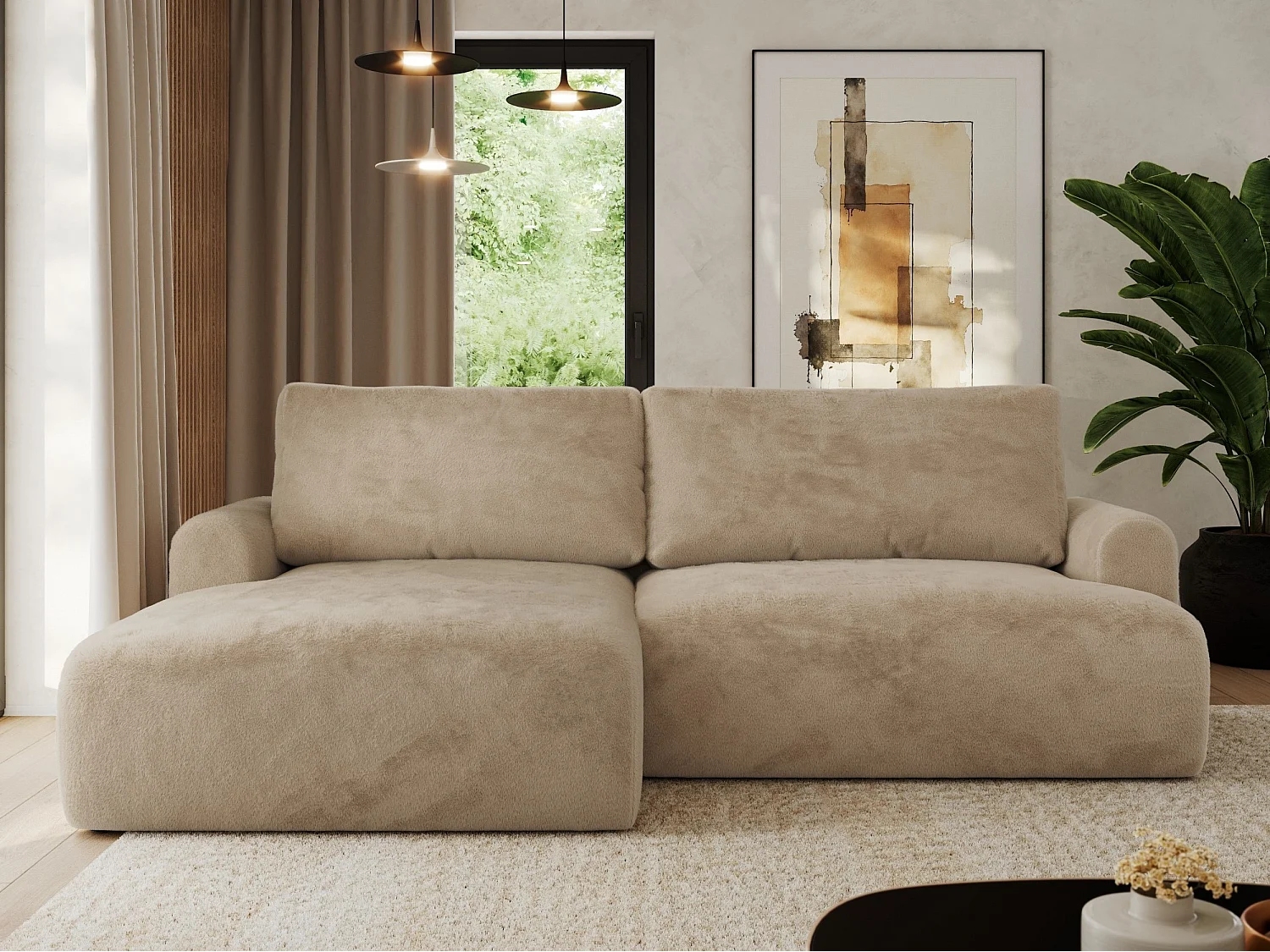 Ecksofa TONO - mit Schlaffunktion und Bettkasten, L-form Ecke, Armlehnen - Beige Plüsch - Ecke Links