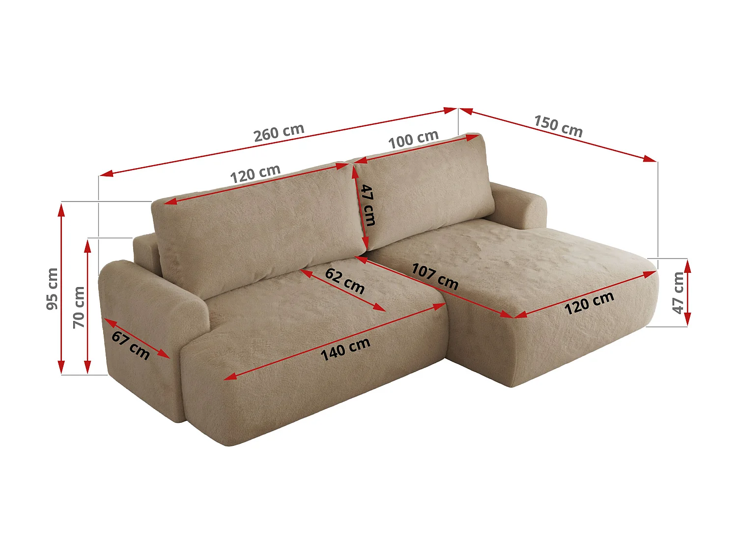Ecksofa TONO - mit Schlaffunktion und Bettkasten, L-form Ecke, Armlehnen - Beige Plüsch - Ecke Links