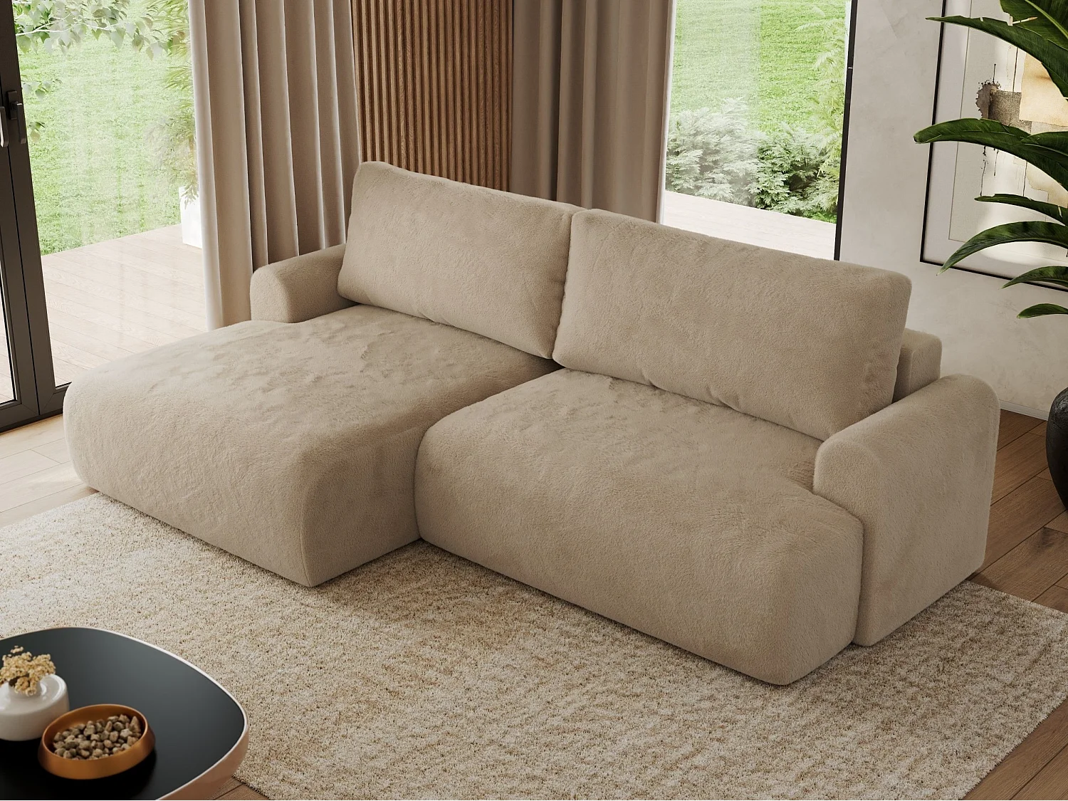 Ecksofa TONO - mit Schlaffunktion und Bettkasten, L-form Ecke, Armlehnen - Beige Plüsch - Ecke Links