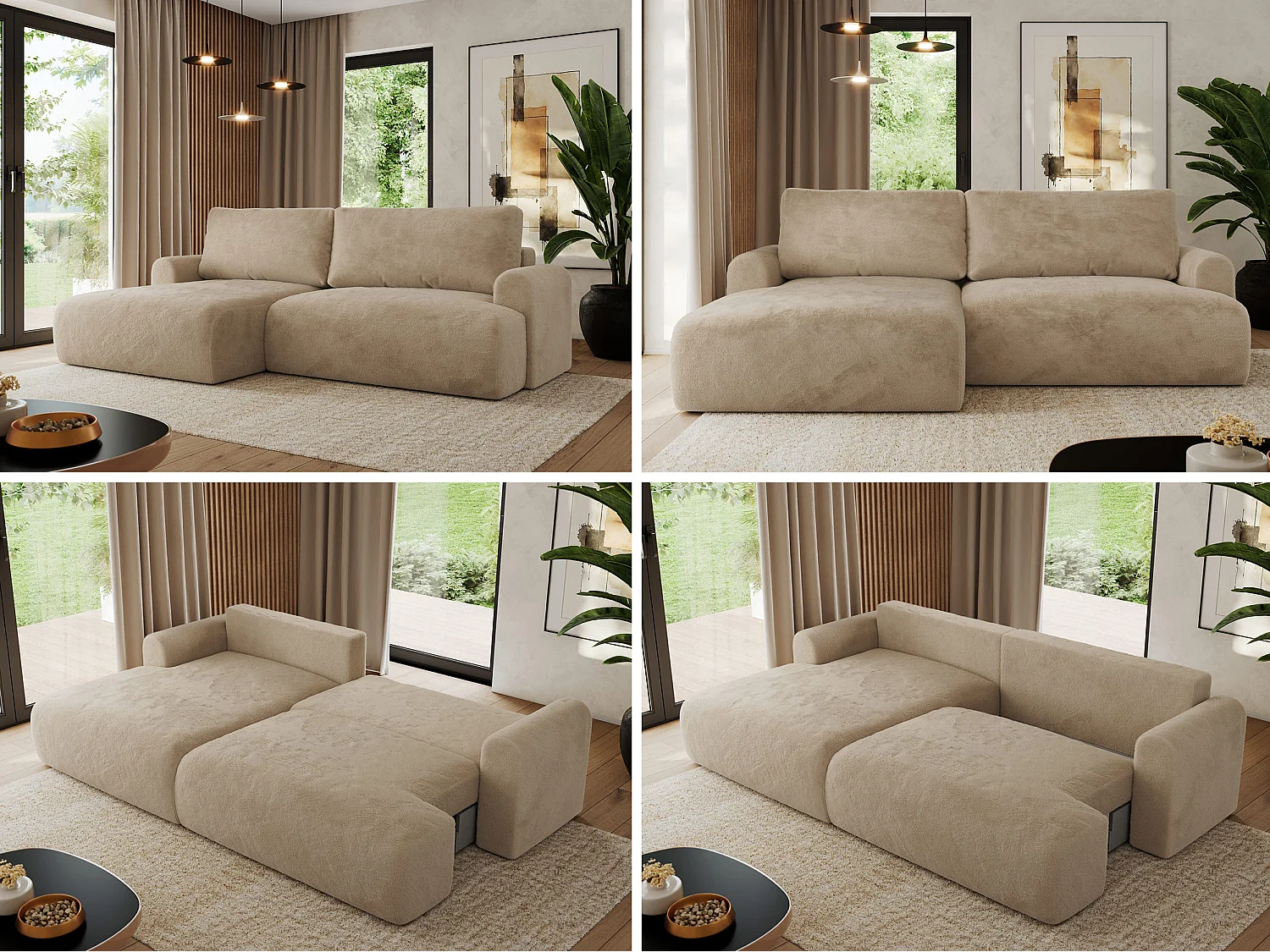 Ecksofa TONO - mit Schlaffunktion und Bettkasten, L-form Ecke, Armlehnen - Beige Plüsch - Ecke Links