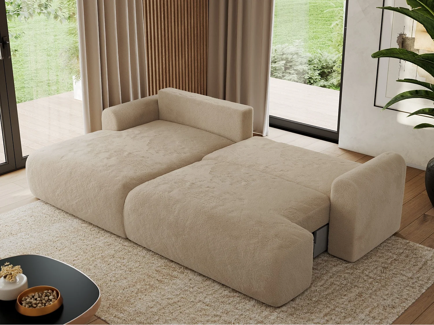 Ecksofa TONO - mit Schlaffunktion und Bettkasten, L-form Ecke, Armlehnen - Beige Plüsch - Ecke Links