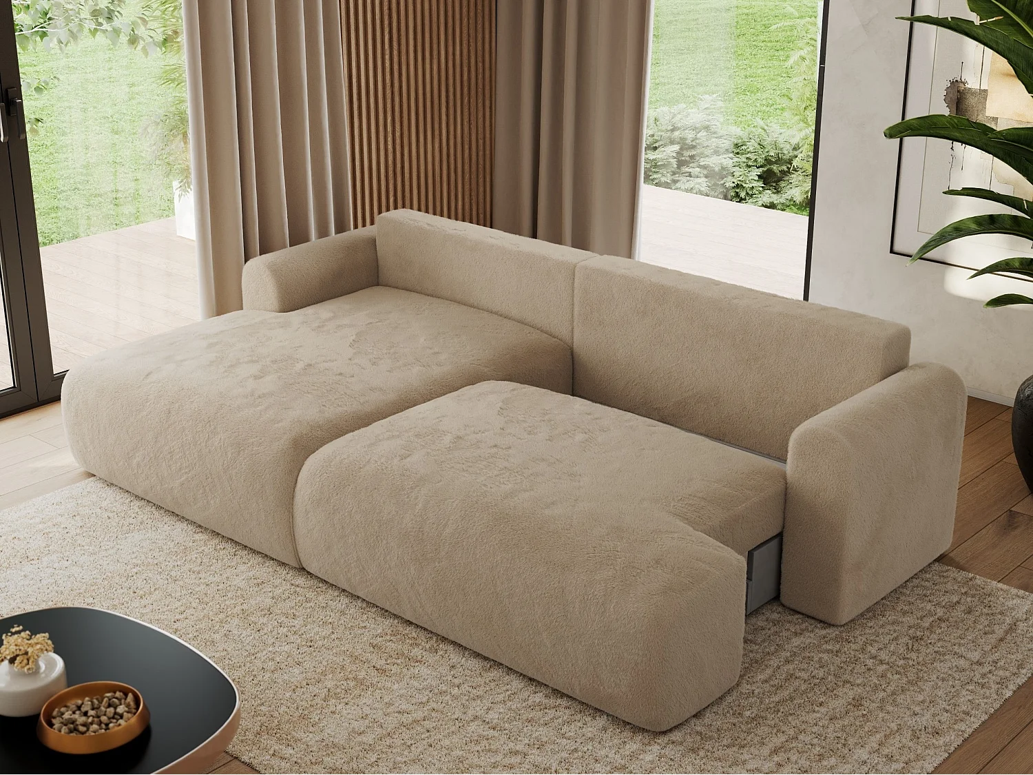 Ecksofa TONO - mit Schlaffunktion und Bettkasten, L-form Ecke, Armlehnen - Beige Plüsch - Ecke Links
