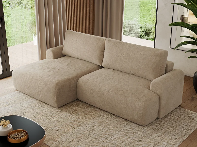 Ecksofa TONO - mit Schlaffunktion und Bettkasten, L-form Ecke, Armlehnen - Beige Plüsch - Ecke Links