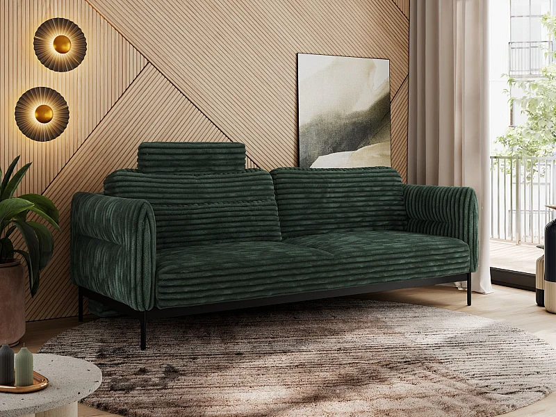 Sofa SALENTO - 3-Sitzer mit Metallbeine, mobile Kopfstütze, Schlafsofa mit lose Kissen - Grün Cord