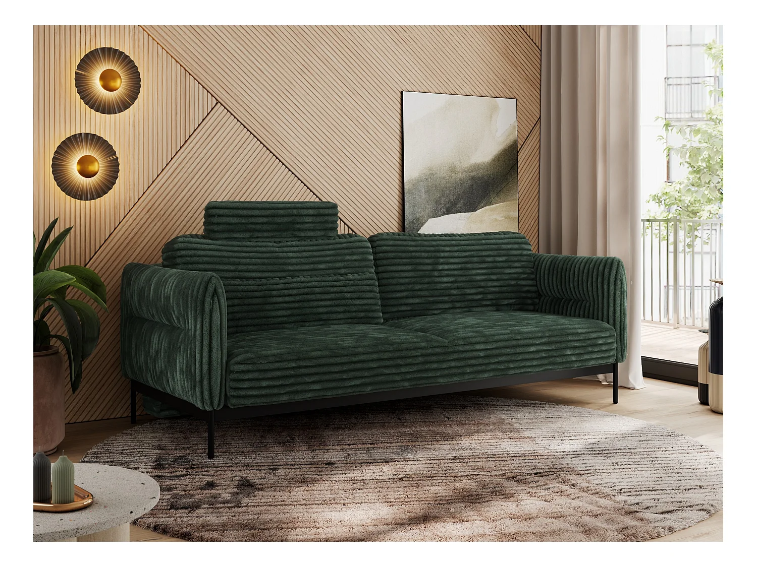 Sofa SALENTO - 3-Sitzer mit Metallbeine, mobile Kopfstütze, Schlafsofa mit lose Kissen - Grün Cord