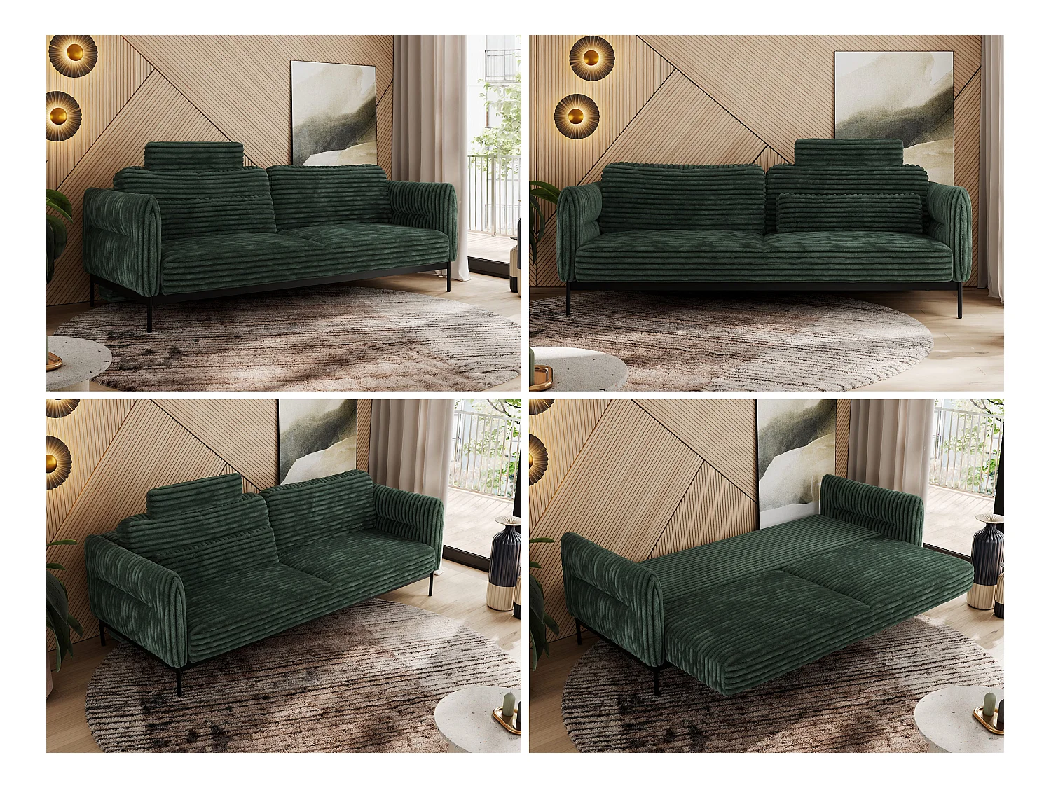 Sofa SALENTO - 3-Sitzer mit Metallbeine, mobile Kopfstütze, Schlafsofa mit lose Kissen - Grün Cord