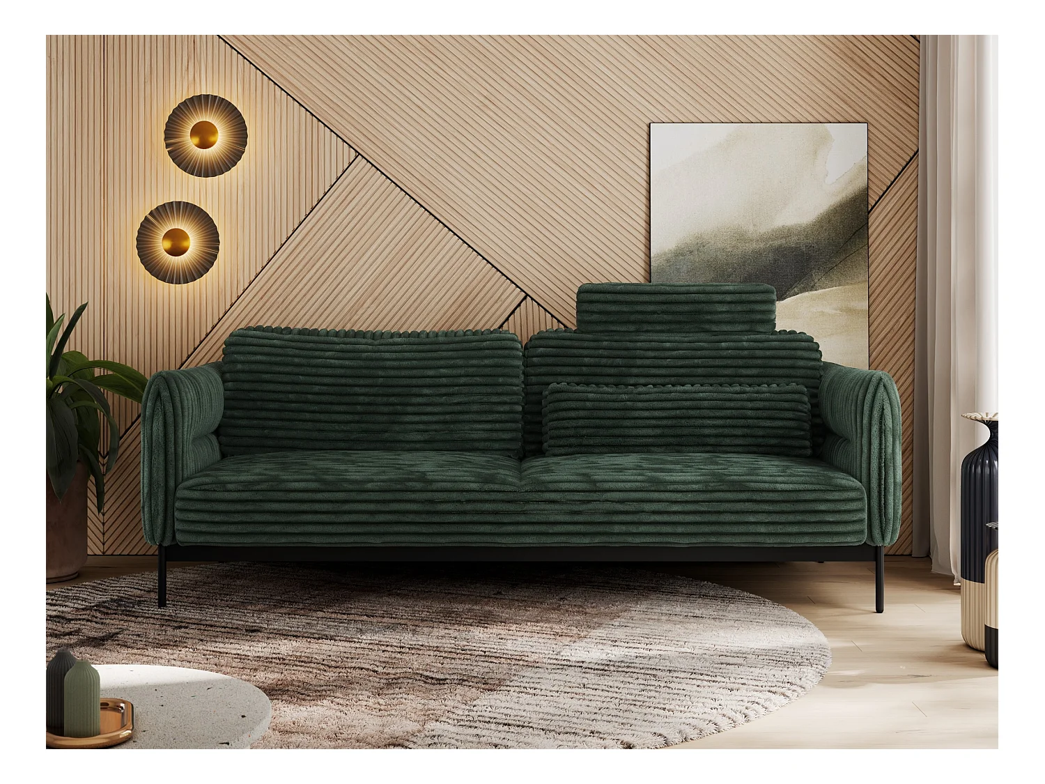Sofa SALENTO - 3-Sitzer mit Metallbeine, mobile Kopfstütze, Schlafsofa mit lose Kissen - Grün Cord