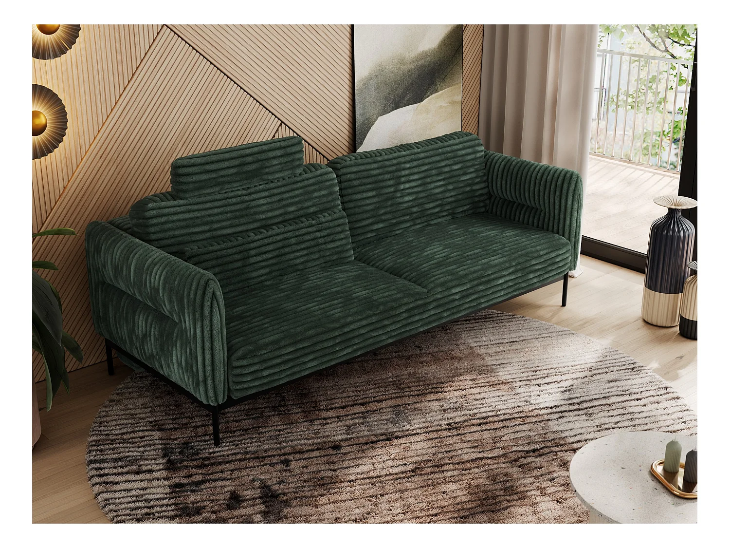 Sofa SALENTO - 3-Sitzer mit Metallbeine, mobile Kopfstütze, Schlafsofa mit lose Kissen - Grün Cord