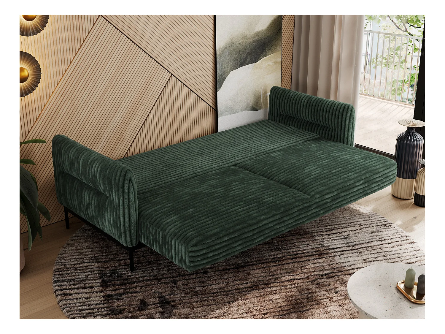 Sofa SALENTO - 3-Sitzer mit Metallbeine, mobile Kopfstütze, Schlafsofa mit lose Kissen - Grün Cord