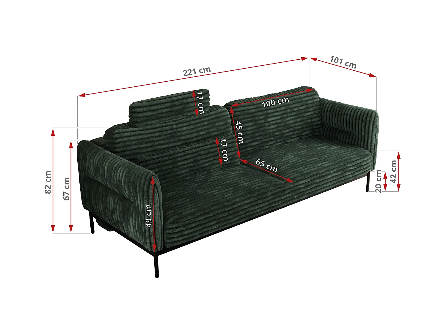 Sofa SALENTO - 3-Sitzer mit Metallbeine, mobile Kopfstütze, Schlafsofa mit lose Kissen - Grün Cord