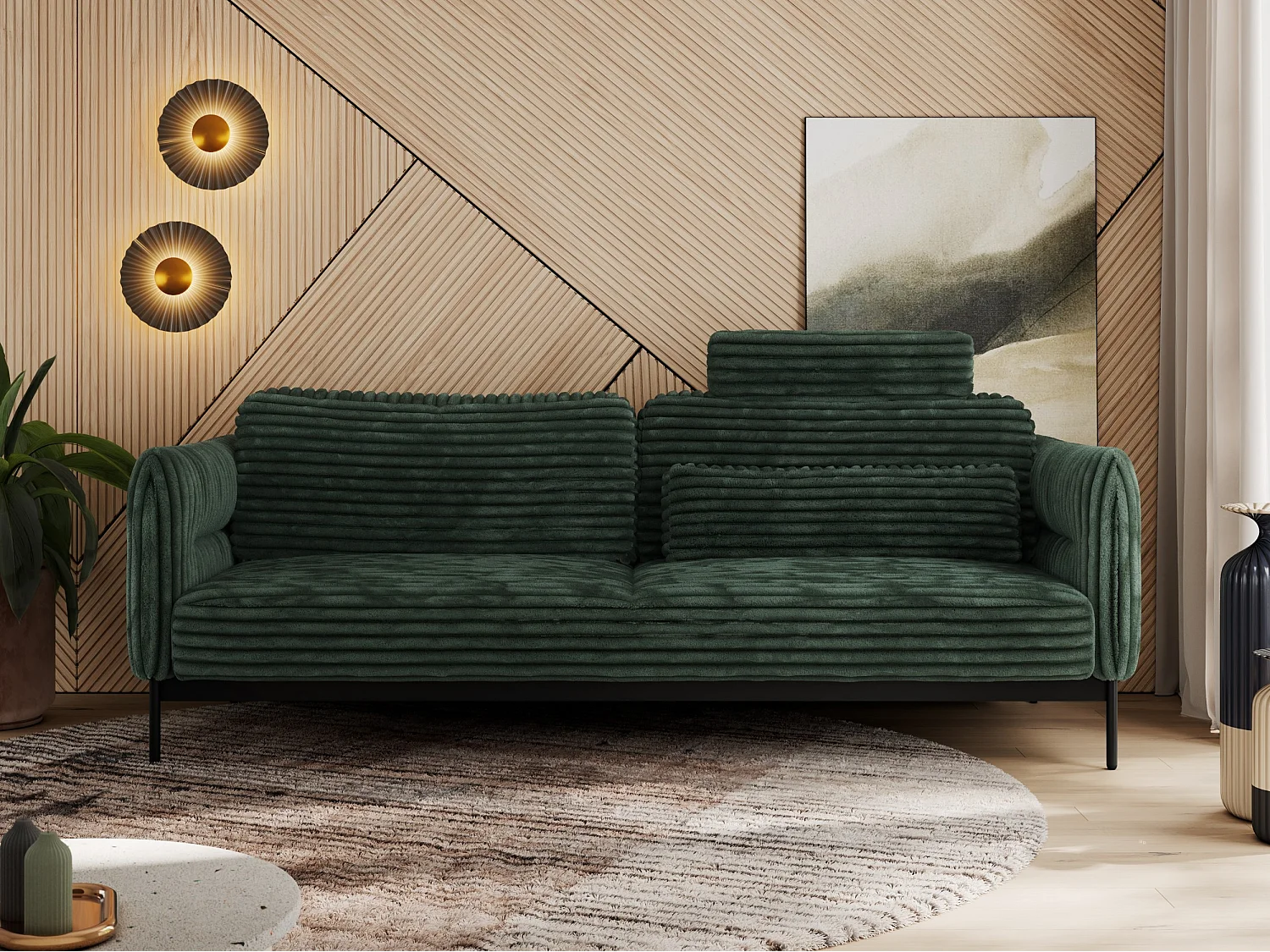 Sofa SALENTO - 3-Sitzer mit Metallbeine, mobile Kopfstütze, Schlafsofa mit lose Kissen - Grün Cord