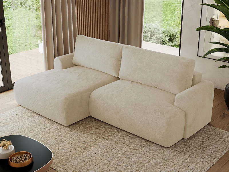 Ecksofa TONO - mit Schlaffunktion und Bettkasten, L-form Ecke, Armlehnen - Creme Plüsch - Ecke Links