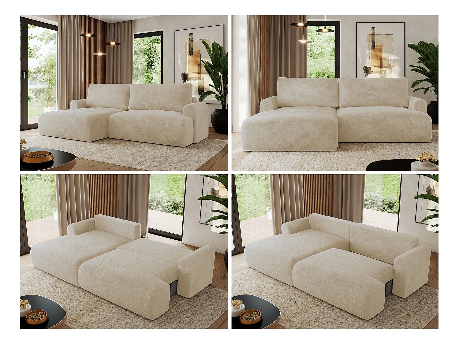 Ecksofa TONO - mit Schlaffunktion und Bettkasten, L-form Ecke, Armlehnen - Creme Plüsch - Ecke Links