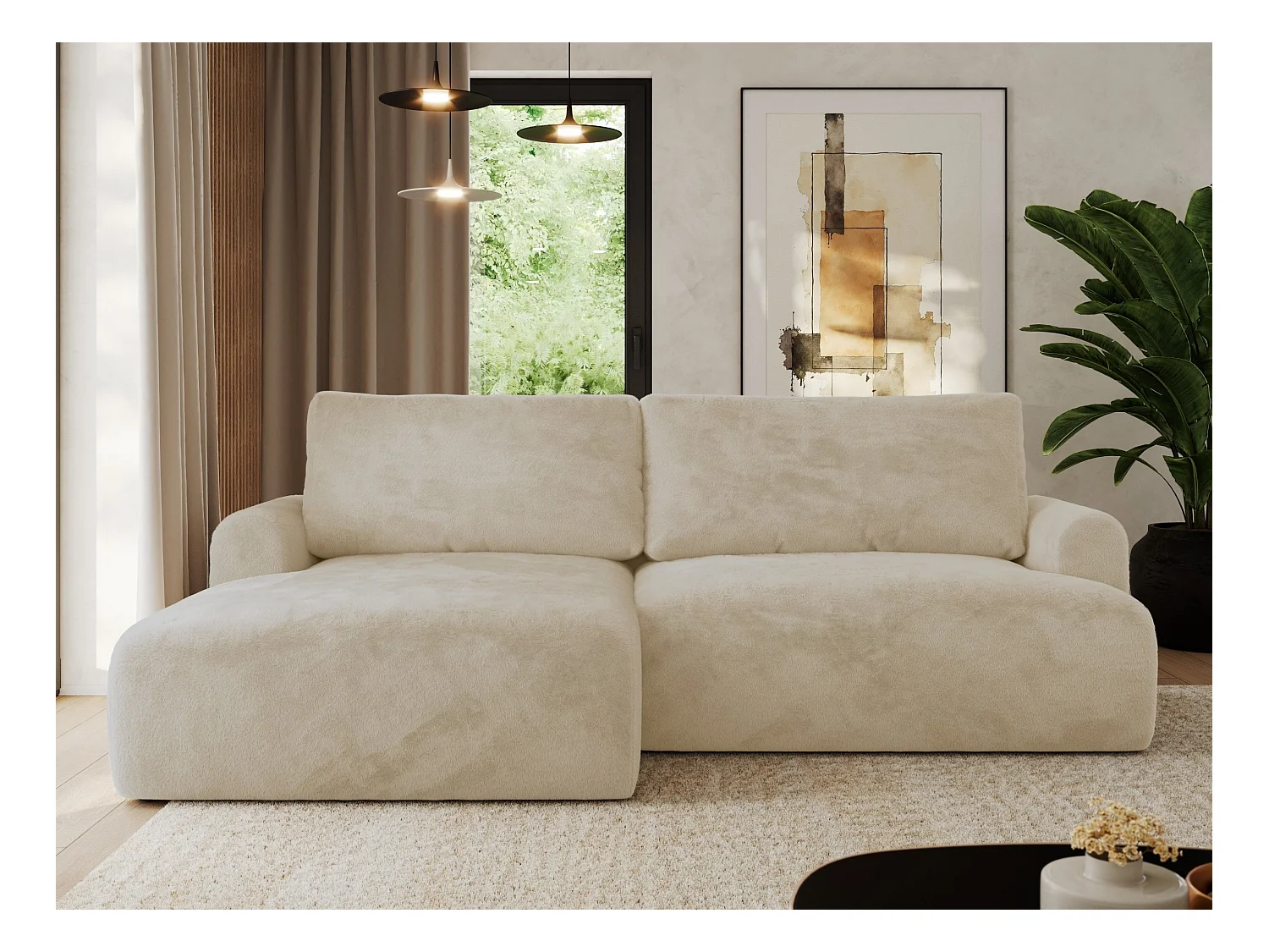 Ecksofa TONO - mit Schlaffunktion und Bettkasten, L-form Ecke, Armlehnen - Creme Plüsch - Ecke Links